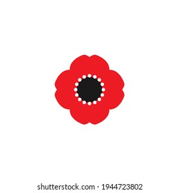 Red flat poppy flower isolated on white. Wild scarlet bloom. Vector illustration. Eco, floral, natural, love symbol. Vector flat logo isolated on white. Remembrance Day, Memorial Day, Anzac Day