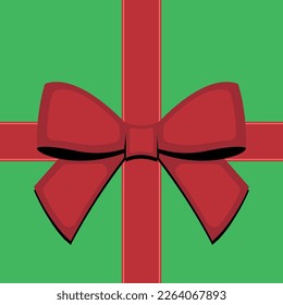 Red Flat Ribbon Bow Square Shape in Green Box Background