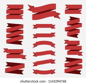 Red flat ribbons banners isolated on white background. Red tapes. Vector illustration.