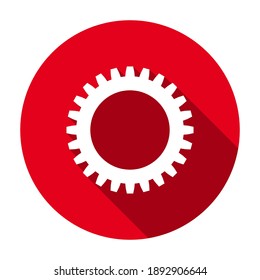 Icono rojo de la rueda de engranajes redondos planos, botón con sombra larga aislado sobre un fondo blanco. Ilustración vectorial.