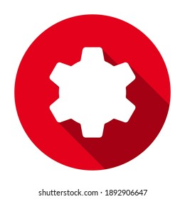 Red flat round gear wheel icon, button with long shadow isolated on a white background. Vector illustration.