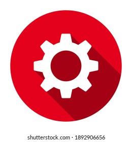 Red flat round gear wheel, settings icon, button with long shadow isolated on a white background. Vector illustration.