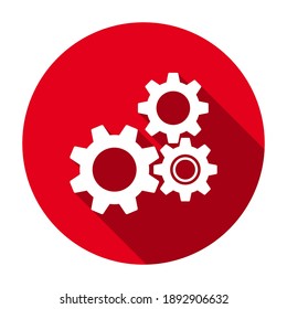 Red flat round gear wheels icon, button with long shadow isolated on a white background. Vector illustration.