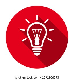 Red flat round glowing light bulb line icon, button with long shadow isolated on a white background. Vector illustration.
