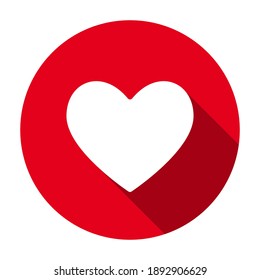 Red flat round heart icon, button with long shadow isolated on a white background. Vector illustration.