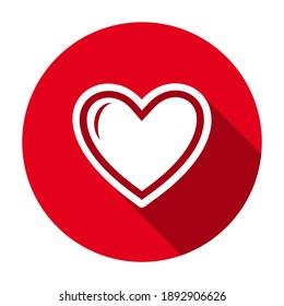 Red flat round heart with outline icon, button with long shadow isolated on a white background. Vector illustration.