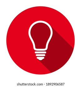 Red flat round light bulb line icon, button with long shadow isolated on a white background. Vector illustration.