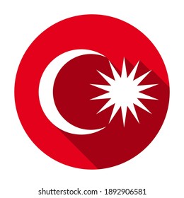 Red flat round national emblem of Malaysia icon, button with long shadow isolated on a white background. Vector illustration.