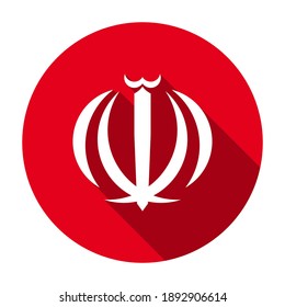 Red flat round national emblem of the Islamic Republic of Iran icon, button with long shadow isolated on a white background. Vector illustration.