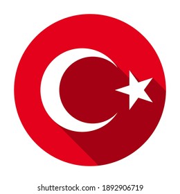 Red flat round national emblem of the Republic of Turkey icon, button with long shadow isolated on a white background. Vector illustration.