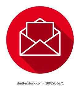 Red flat round opened envelope with letter outline icon, button with long shadow isolated on a white background. Vector illustration.