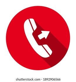 Red flat round outgoing call icon, button with long shadow isolated on a white background. Vector illustration.