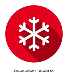 Red flat round snowflake icon, button with long shadow isolated on a white background. Vector illustration.