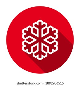 Red flat round snowflake outline icon, button with long shadow isolated on a white background. Vector illustration.