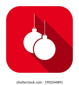 Red flat rounded square Christmas balls hanging on threads icon, button with long shadow isolated on a white background. Vector illustration.