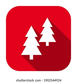 Red flat rounded square coniferous trees icon, button with long shadow isolated on a white background. Vector illustration.