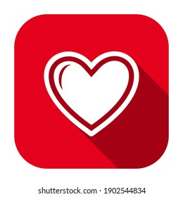 Red flat rounded square heart with outline icon, button with long shadow isolated on a white background. Vector illustration.