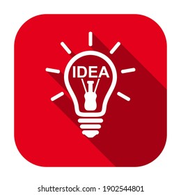Red flat rounded square idea glowing light bulb line icon, button with long shadow isolated on a white background. Vector illustration.