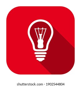 Red flat rounded square light bulb line icon, button with long shadow isolated on a white background. Vector illustration.