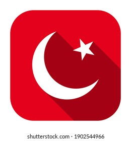 Red flat rounded square national emblem of the Islamic Republic of Pakistan icon, button with long shadow isolated on a white background. Vector illustration.