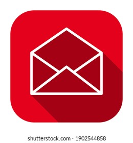 Red flat rounded square opened envelope outline icon, button with long shadow isolated on a white background. Vector illustration.