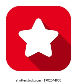 Red flat rounded square star icon, button with long shadow isolated on a white background. Vector illustration.