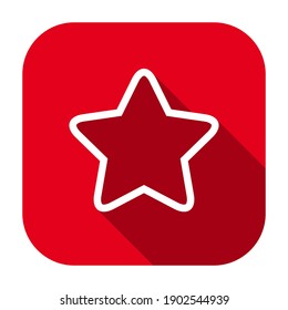 Red flat rounded square star outline icon, button with long shadow isolated on a white background. Vector illustration.