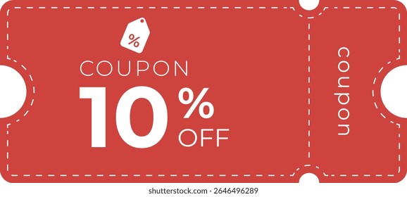 Red flat style 10% discount coupon ticket with dashed border, bold white text, and tag icon. Perfect for e-commerce, promotions, sales, retail, marketing, or seasonal offer banners.