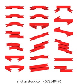Red Flat Style Ribbons Banners Set. Vector