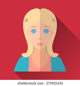 Red flat style square shaped female character icon with shadow. Illustration of a cute little girl with blonde middle length hair wearing orange shirt and blue cardigan.