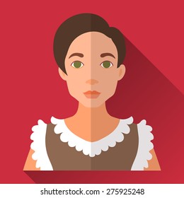 Red flat style square shaped female character icon with shadow. Illustration of fashionable young woman with short stylish haircut wearing  a brown sleeveless blouse.