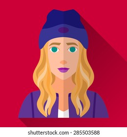 Red flat style square shaped female character icon with shadow. Illustration of a fashionable young hipster woman with stylish blonde long curly hair wearing a blue jacket and a hat.