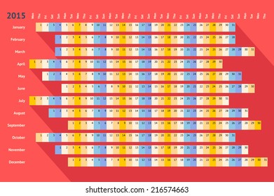 Red flat styled linear calendar 2015 with long shadow