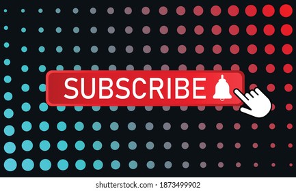 Red flat subscribe button with cursor and bell isolated on colored background for website, preview for youtube. Vector EPS10