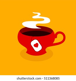 Red flat tea cup icon, emblem. Tea cup with steam and heart decoration teabag isolated on warm yellow background. Hot drink sign, symbol, label. Steaming food. Cute vector illustration, cartoon style