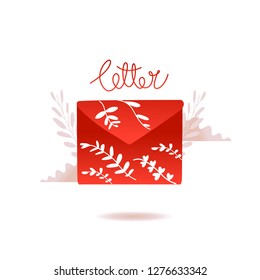 Red flat vector email letter with plants for my love, on the valentine's day