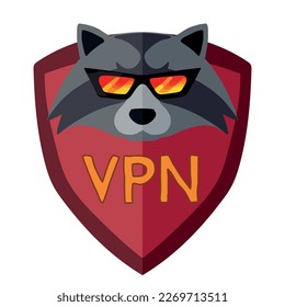Red flat VPN icon with a raccoon head in sunglasses on a shield on white bakground. Proxy server. Vector illustration. Virtual Private Network icon. Internet Security VPN Concept Icon