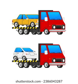 Red Flatbed Tow Truck Transporting Yellow and White Cars. Vector stock illustration