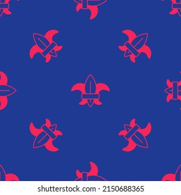 Red Fleur de lys or lily flower icon isolated seamless pattern on blue background.  Vector