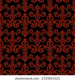 Modelo inconsútil rojo del Vector del damasco de la flor-de-lis en fondo negro. Ornamento floral gótico adornado para textiles de lujo, Fondo de pantalla, elegante fondo vintage.