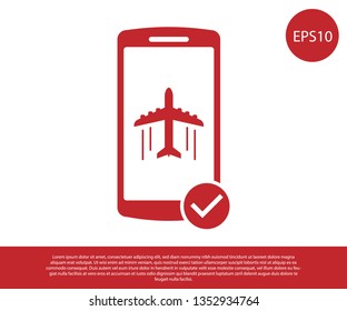 Red Flight mode in the mobile phone icon isolated on white background. Airplane or aeroplane flight offline mode passenger regulation airline . Vector Illustration