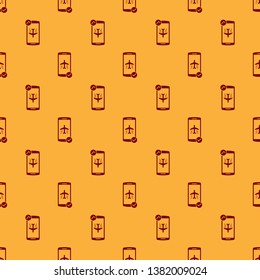 Red Flight mode in the mobile phone icon isolated seamless pattern on brown background. Airplane or aeroplane flight offline mode passenger regulation airline . Flat design. Vector Illustration