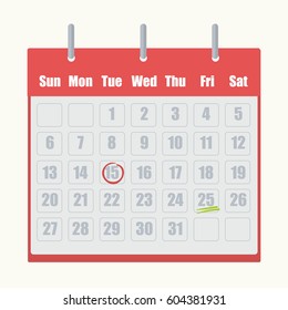 Red flip-flop calendar with gray numbers close-up on white background. Marks on dates circled in red or underlined by two green lines. Vector illustration with agenda and appointment date sign