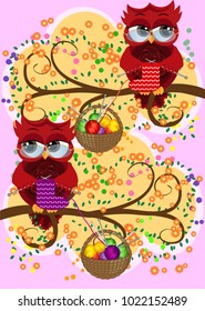 A red flirtatious owl in glasses sits on a branch and knits a red and white sock for Christmas, Basket with colorful balls hangs on a branch