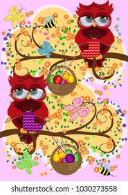 A red flirtatious owl in glasses sits on a branch and knits a red and white sock for Christmas, Basket with colorful balls hangs on a branch