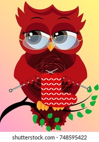 A red flirtatious owl in glasses sits on a branch and knits a red and white sock for Christmas