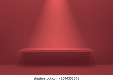 Red floating shelf on a red wall with spotlight effect, creating dramatic minimalism.
