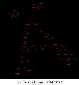 Red flock of birds in the shape of the diacritical a letter