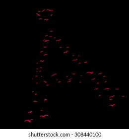 Red flock of birds in the shape of the ringed a letter