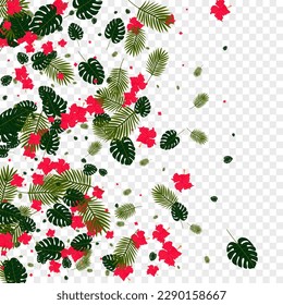 Red Flora Background Transparent Vector. Philodendron Graphic Pattern. Orange Leaves. Surf Frame. Light Green Ornament Card.